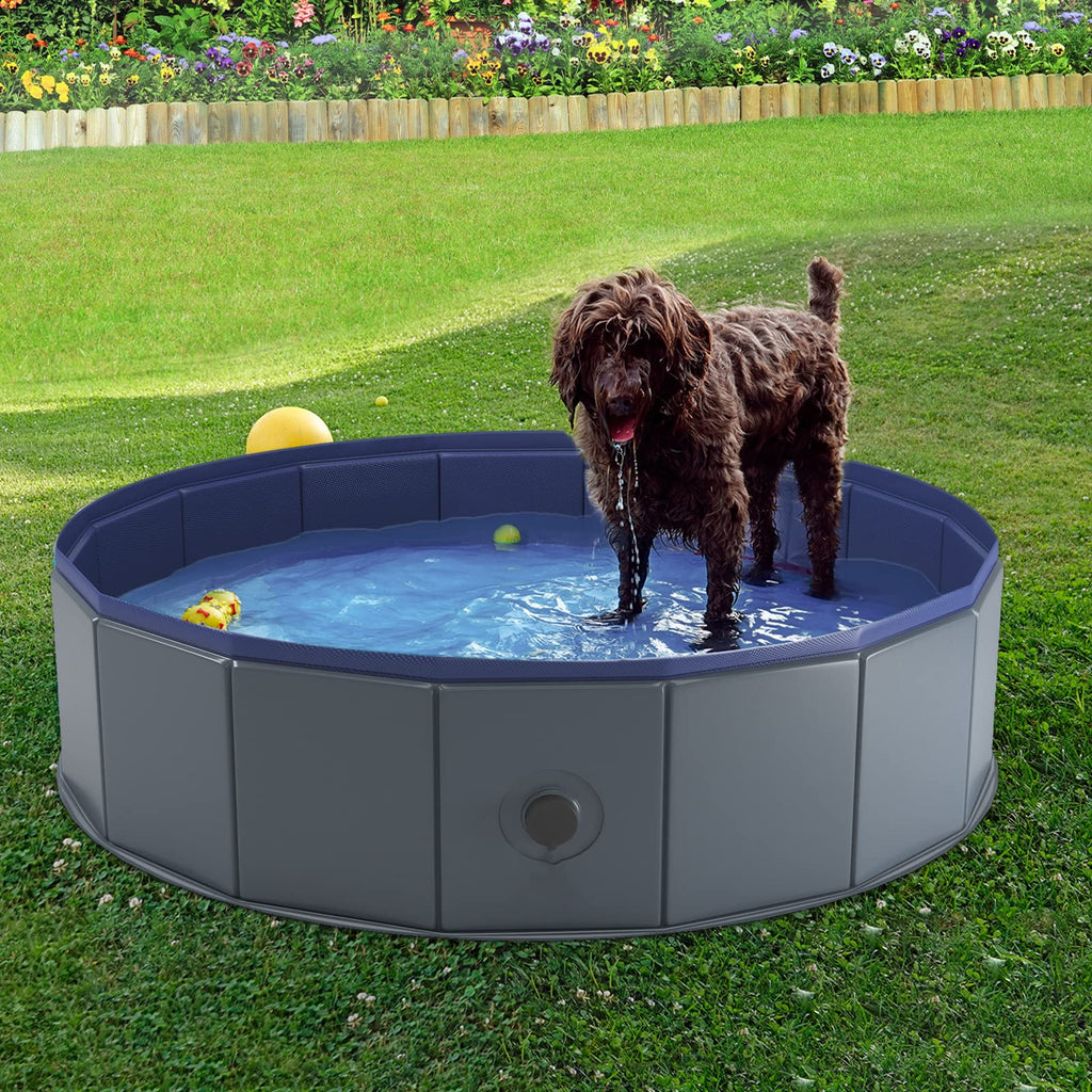 Niubya Foldable Dog Pool – 32x8 Inch Collapsible Pet Wading Pool, Portable Bath Tub for Dogs and Cats, Gray