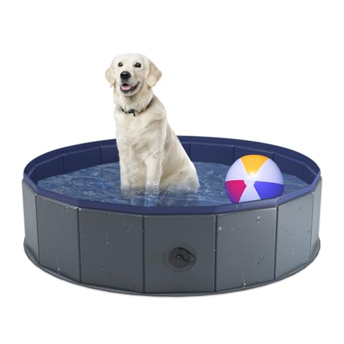 Niubya Foldable Dog Pool – 32x8 Inch Collapsible Pet Wading Pool, Portable Bath Tub for Dogs and Cats, Gray