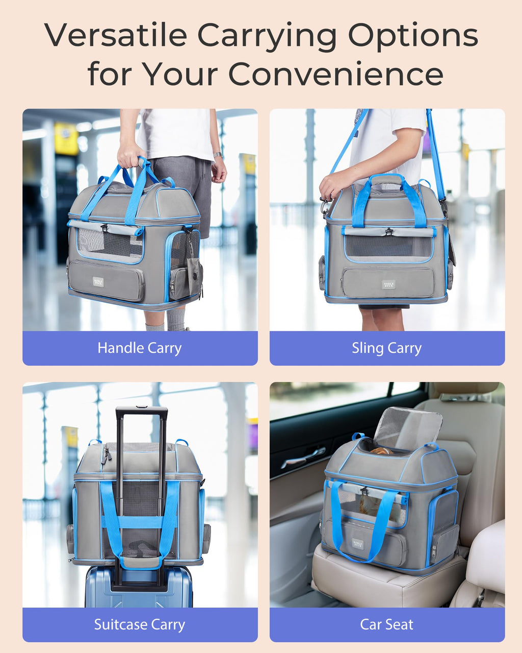 NOBLE DUCK Expandable Pet Carrier – Airline Approved Soft-Sided Carrier for Cats & Dogs Up to 25 lbs, Grey