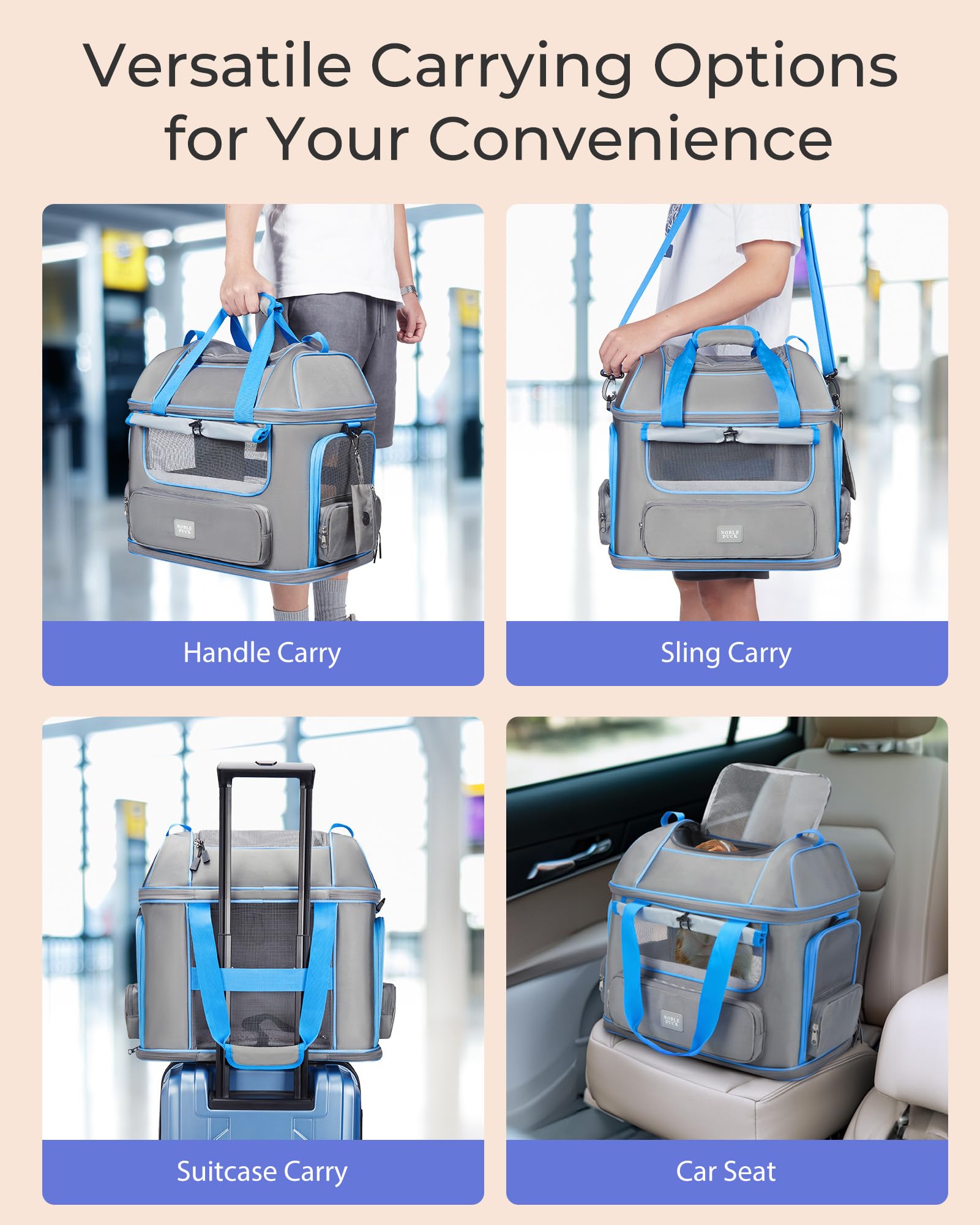 NOBLE DUCK Expandable Pet Carrier – Airline Approved Soft-Sided Carrier for Cats & Dogs Up to 25 lbs, Grey