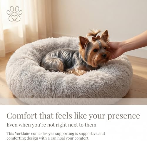 Nonnonfish Calming Donut Dog Bed for Small Dogs, 19-Inch Fluffy Round Bed with Raised Rim, Washable, Frost Grey (up to 15 lbs)