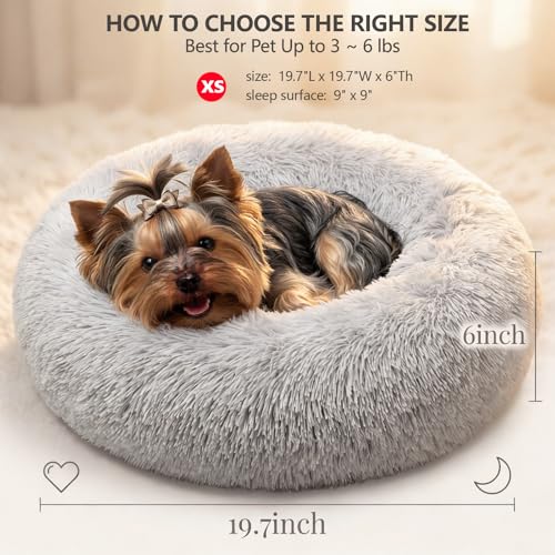 Nonnonfish Calming Donut Dog Bed for Small Dogs, 19-Inch Fluffy Round Bed with Raised Rim, Washable, Frost Grey (up to 15 lbs)