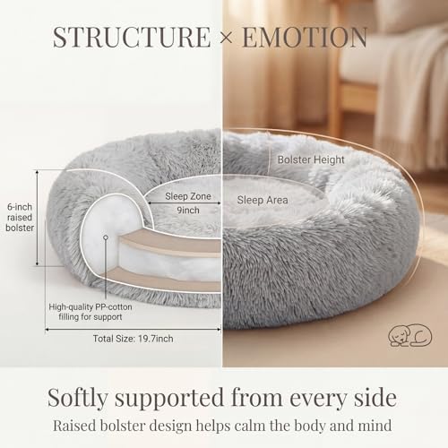 Nonnonfish Calming Donut Dog Bed for Small Dogs, 19-Inch Fluffy Round Bed with Raised Rim, Washable, Frost Grey (up to 15 lbs)