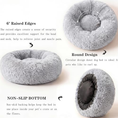 Nonnonfish Calming Donut Dog Bed for Small Dogs, 19-Inch Fluffy Round Bed with Raised Rim, Washable, Frost Grey (up to 15 lbs)