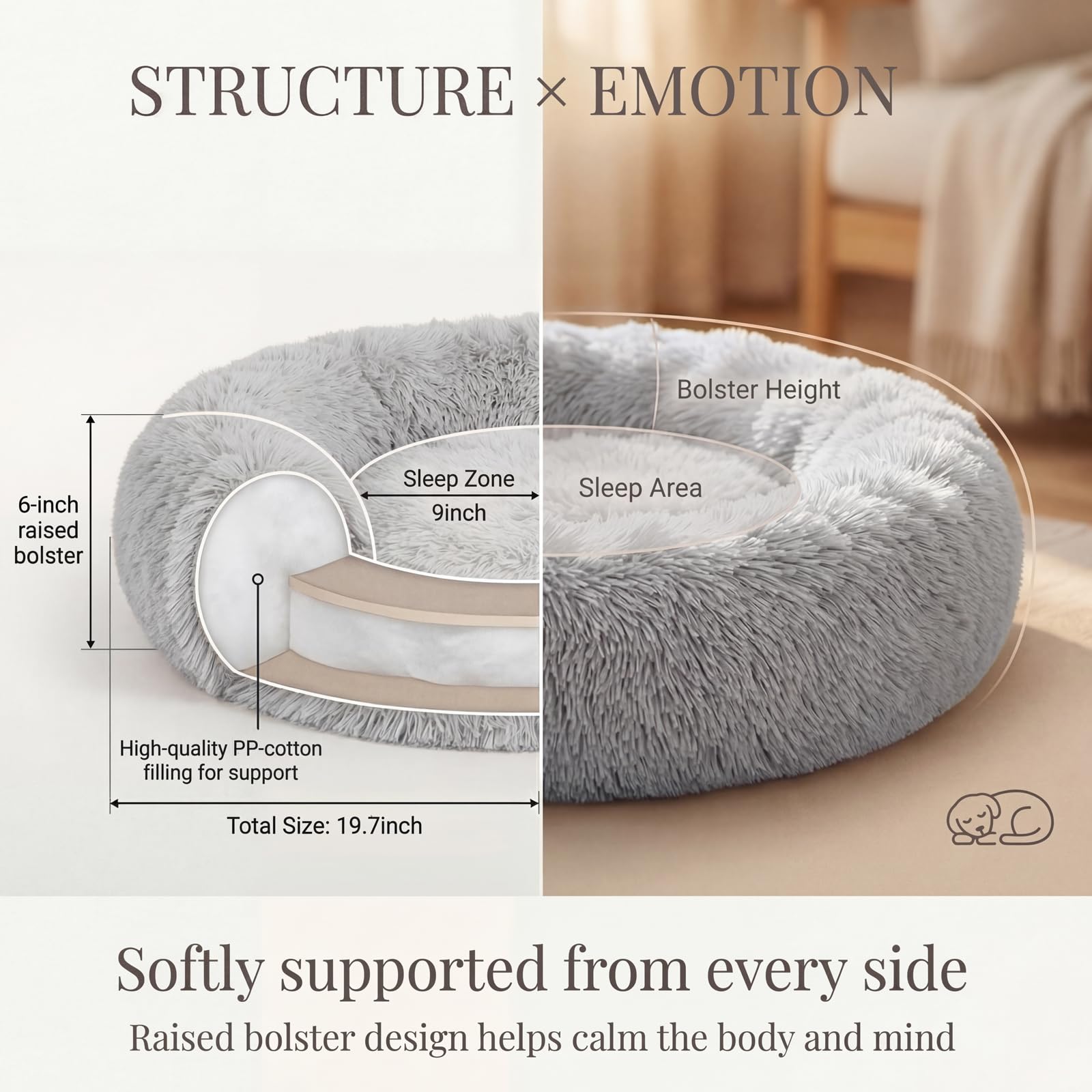 Nonnonfish Calming Donut Dog Bed for Small Dogs, 19-Inch Fluffy Round Bed with Raised Rim, Washable, Frost Grey (up to 15 lbs)