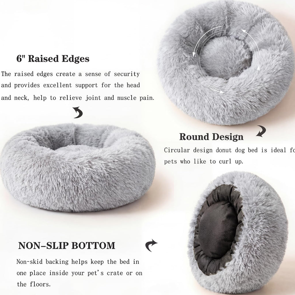 Nonnonfish Calming Donut Dog Bed for Small Dogs, 19-Inch Fluffy Round Bed with Raised Rim, Washable, Frost Grey (up to 15 lbs)
