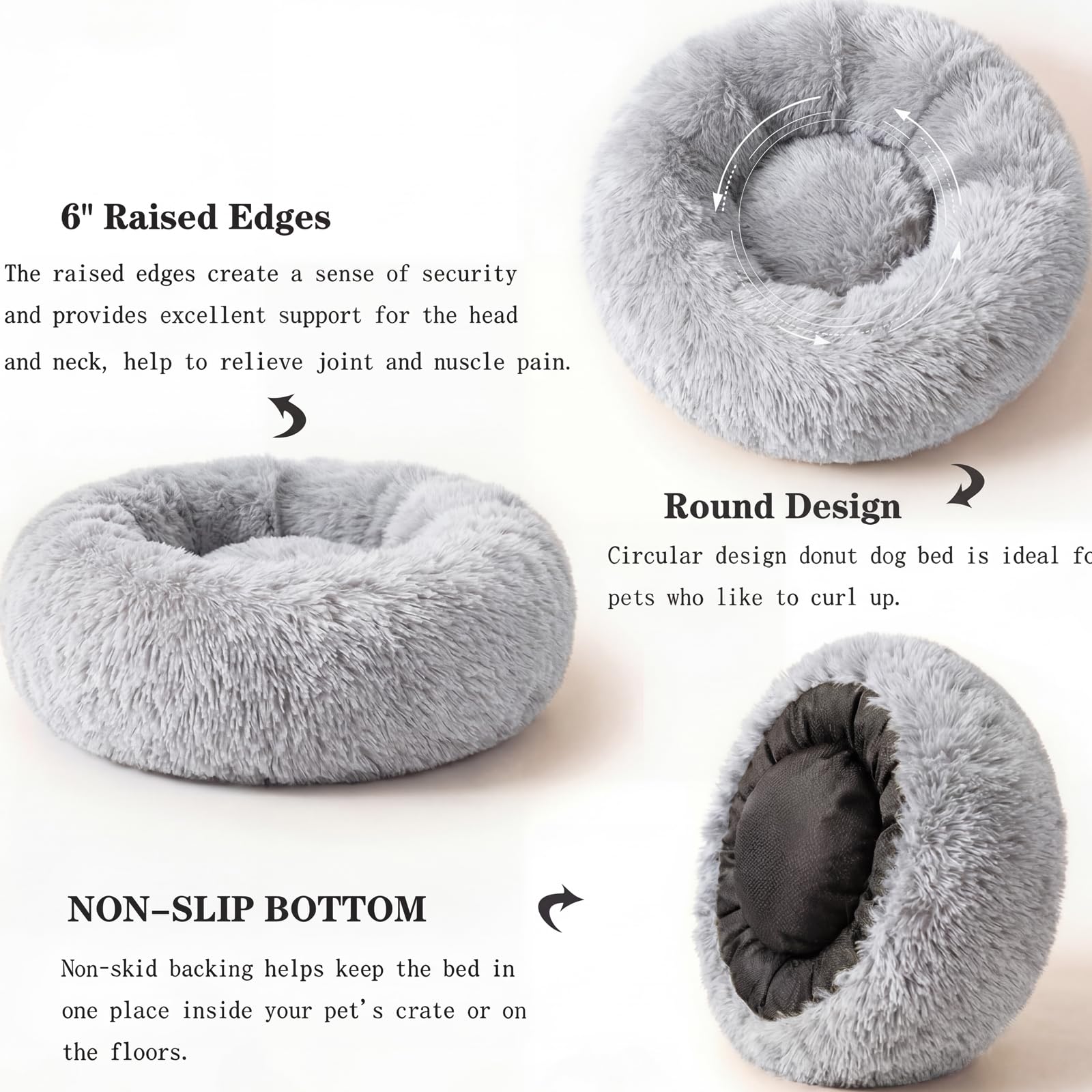 Nonnonfish Calming Donut Dog Bed for Small Dogs, 19-Inch Fluffy Round Bed with Raised Rim, Washable, Frost Grey (up to 15 lbs)