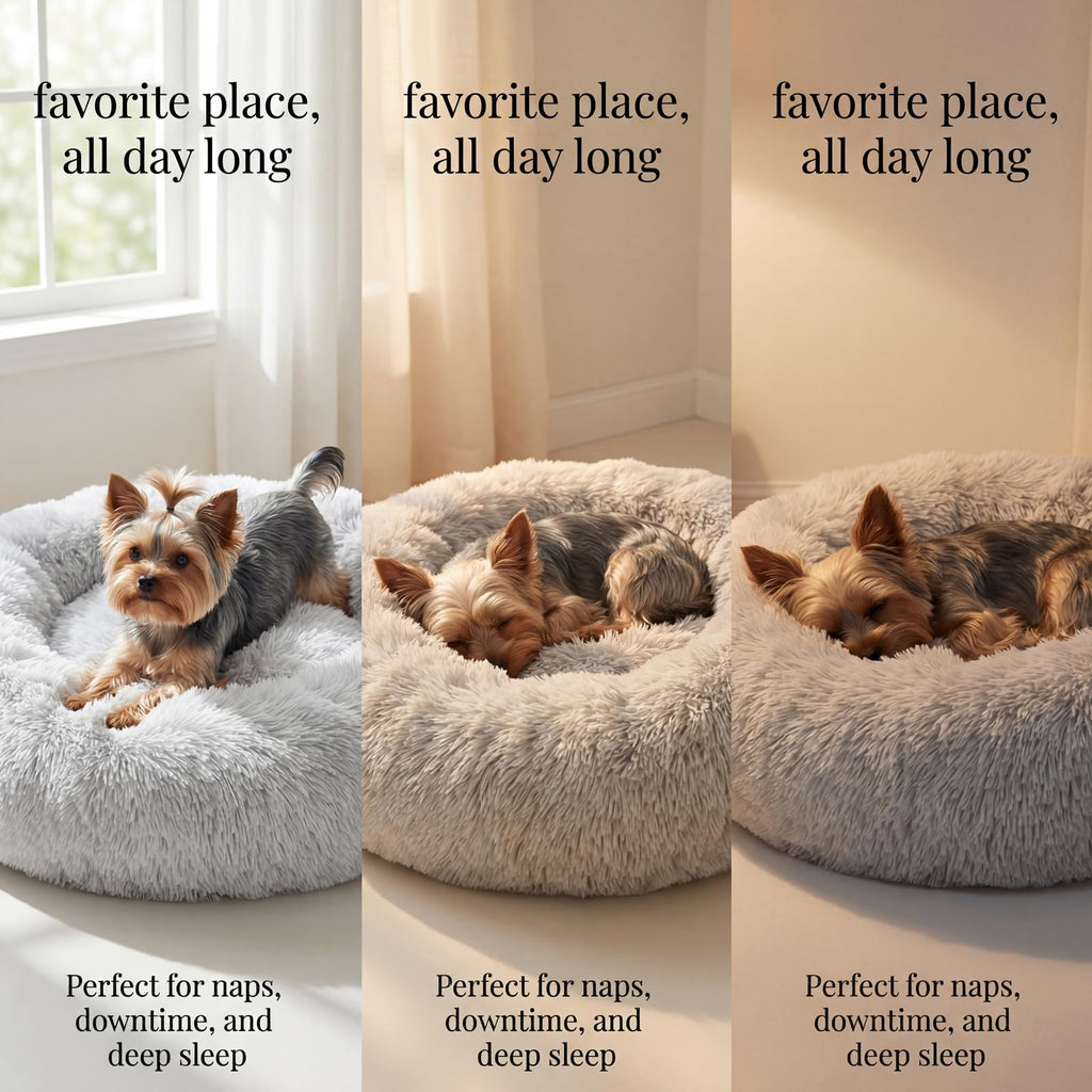 Nonnonfish Calming Donut Dog Bed for Small Dogs, 19-Inch Fluffy Round Bed with Raised Rim, Washable, Frost Grey (up to 15 lbs)