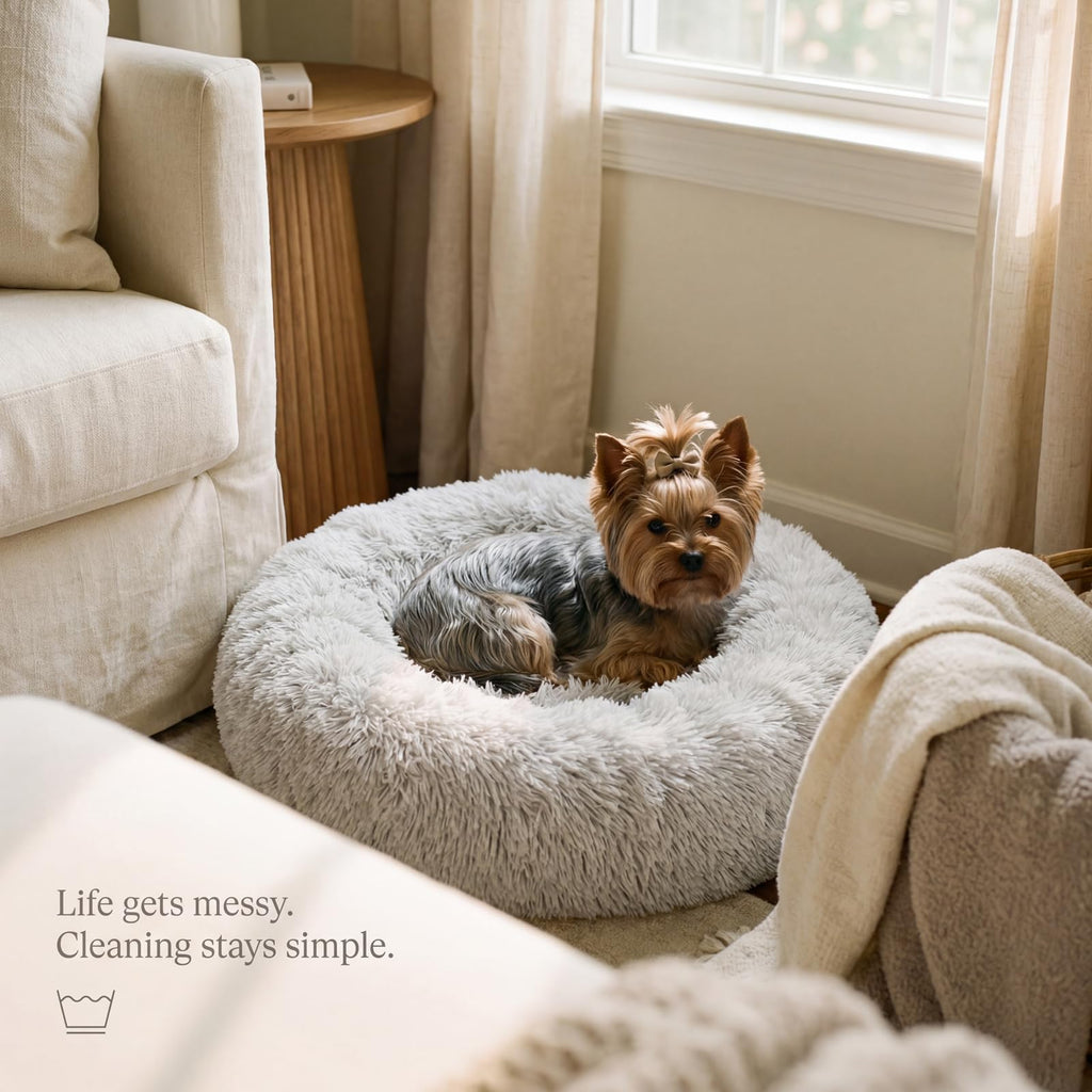 Nonnonfish Calming Donut Dog Bed for Small Dogs, 19-Inch Fluffy Round Bed with Raised Rim, Washable, Frost Grey (up to 15 lbs)