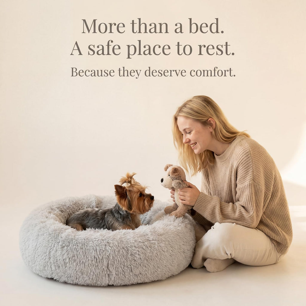 Nonnonfish Calming Donut Dog Bed for Small Dogs, 19-Inch Fluffy Round Bed with Raised Rim, Washable, Frost Grey (up to 15 lbs)