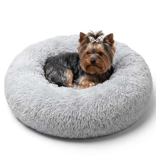 Nonnonfish Calming Donut Dog Bed for Small Dogs, 19-Inch Fluffy Round Bed with Raised Rim, Washable, Frost Grey (up to 15 lbs)