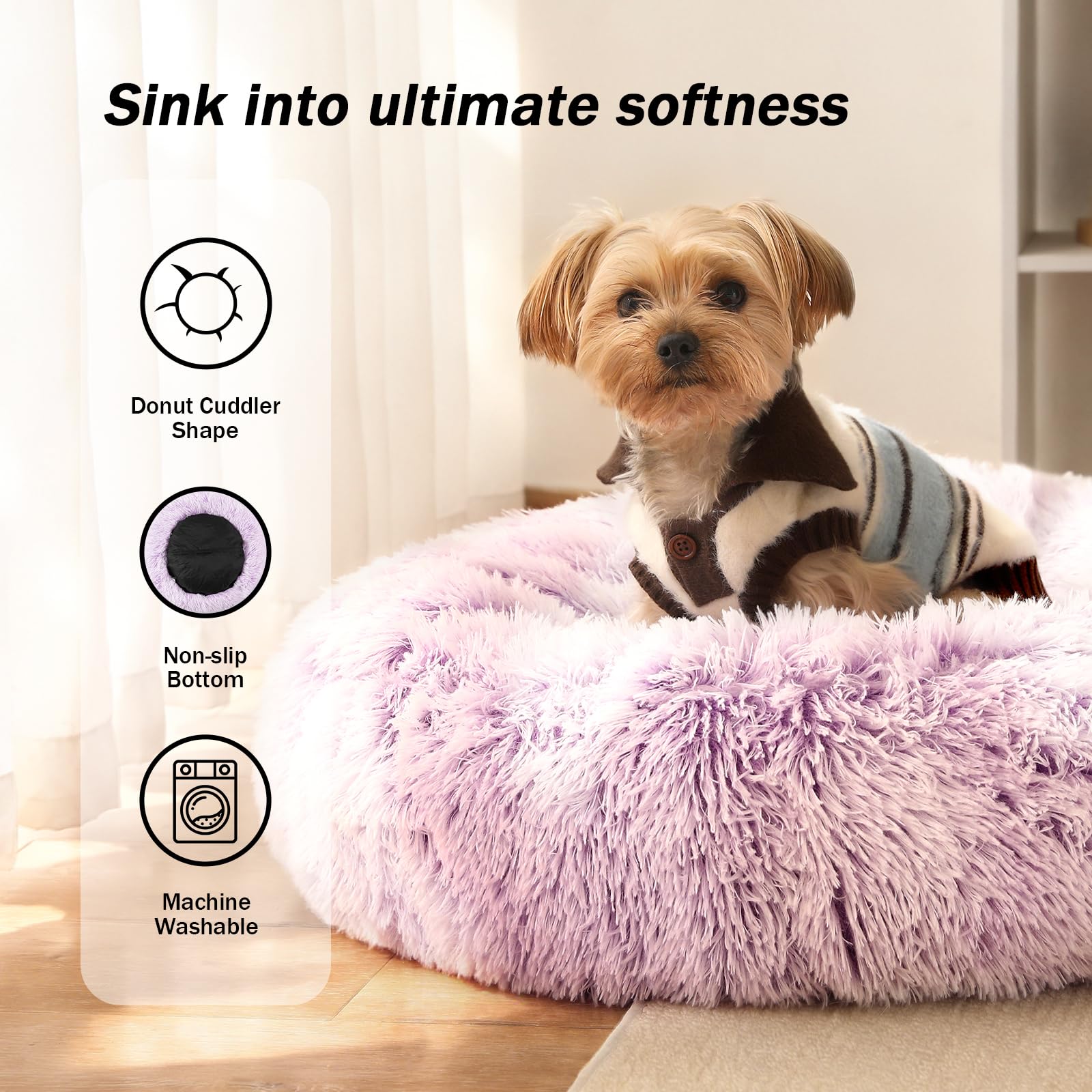 NOYAL Calming Donut Dog Bed – Plush Faux Fur, Machine Washable, Non-Slip Base