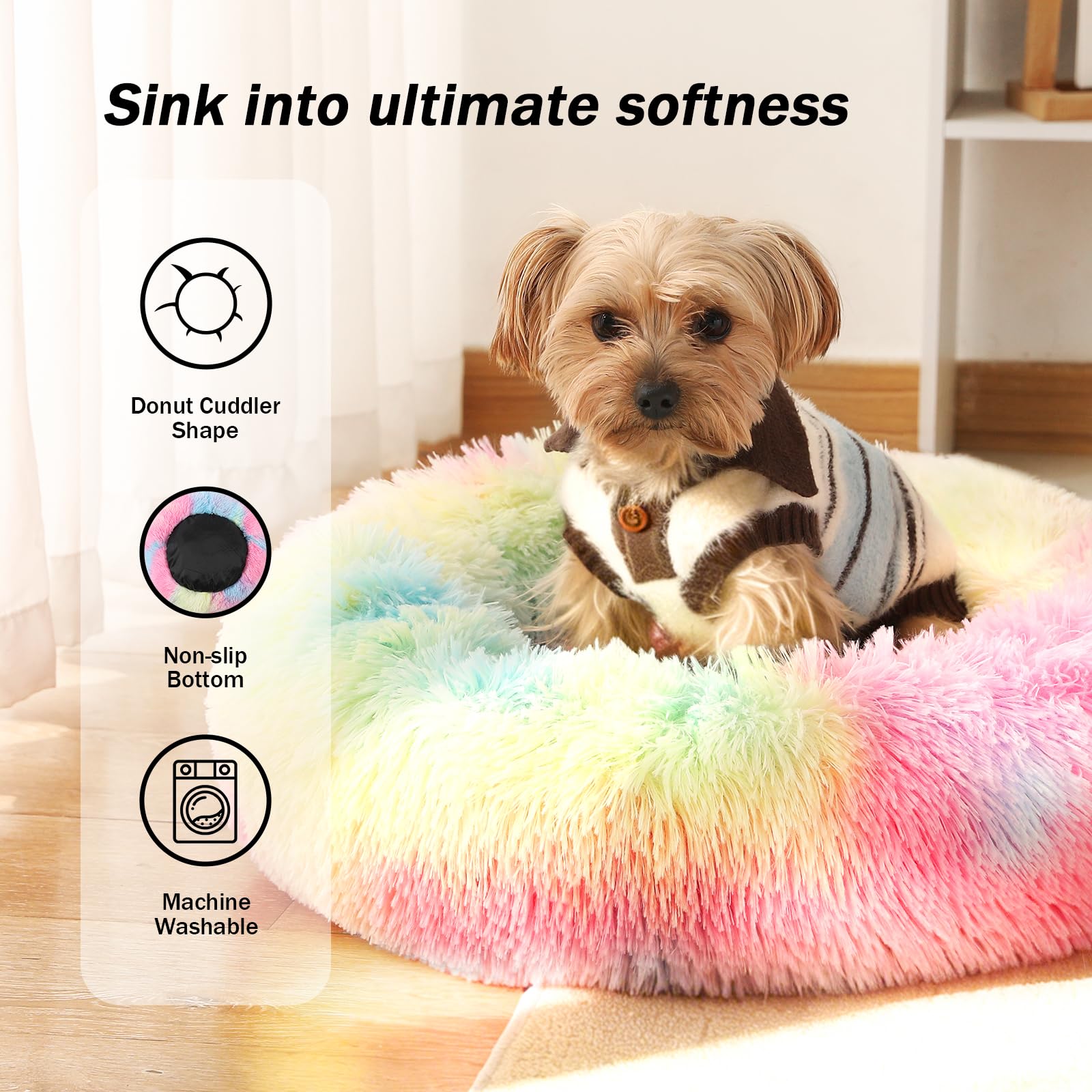 NOYAL Calming Donut Dog Bed – Plush Self-Warming Faux Fur with Non-Slip Base for Small Pets