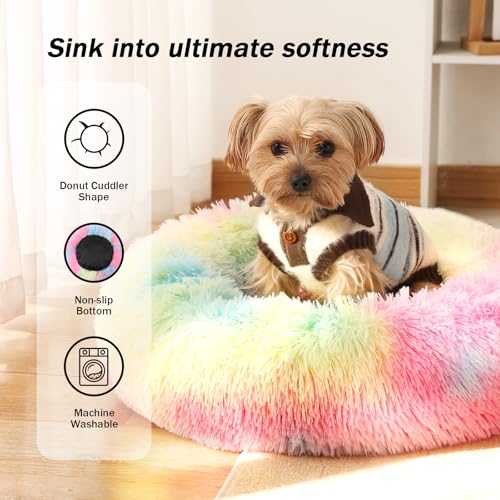 NOYAL Calming Donut Dog Bed – Plush Self-Warming Faux Fur with Non-Slip Base for Small Pets