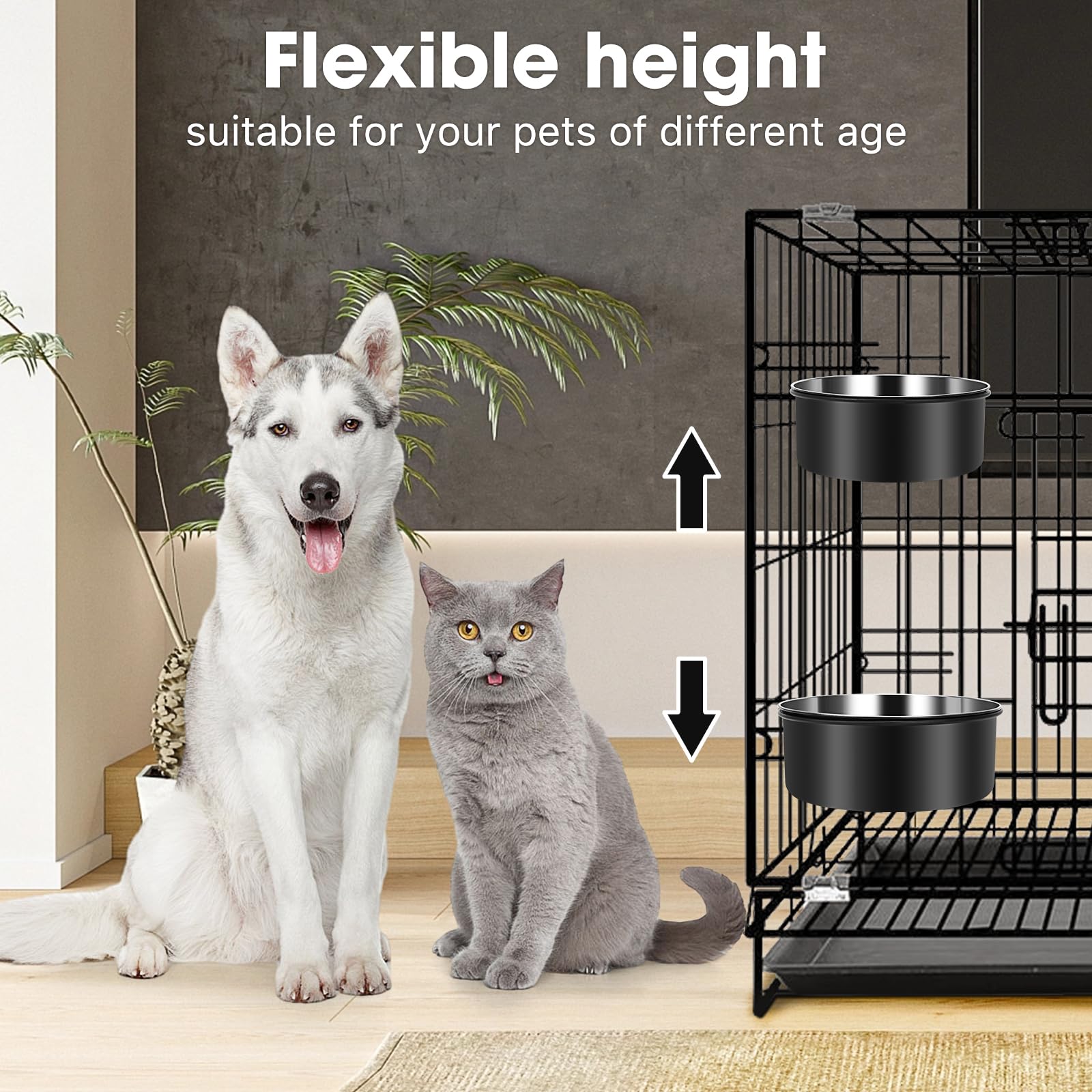 OFFKITSLY 2-Pack Hanging Dog Crate Bowls - Stainless Steel, Spill Proof, Adjustable Height for Kennels