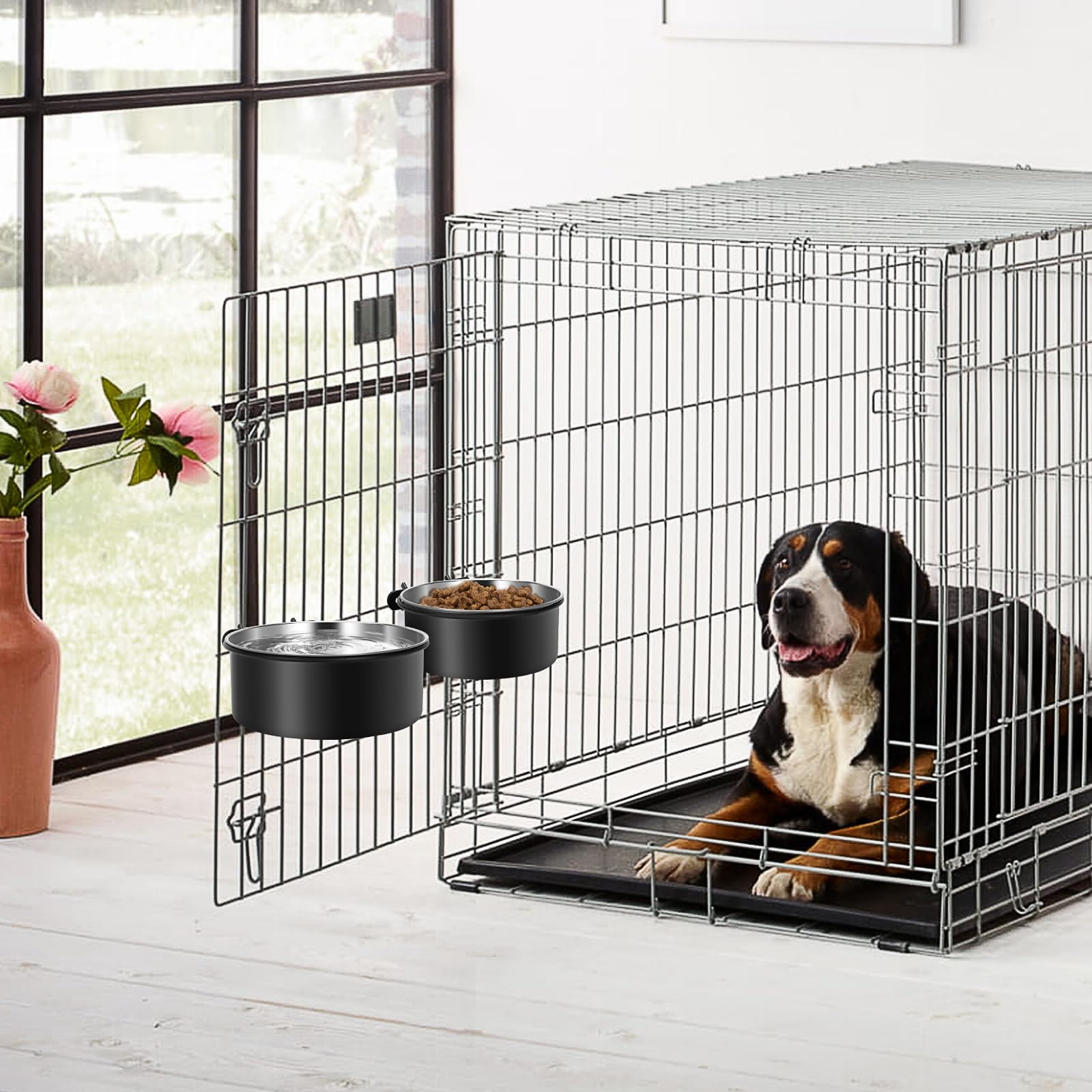 OFFKITSLY 2-Pack Hanging Dog Crate Bowls - Stainless Steel, Spill Proof, Adjustable Height for Kennels