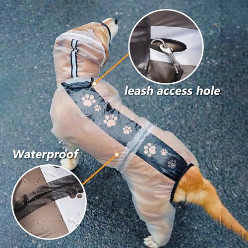 Olsa Dog Raincoat - Transparent Hooded Slicker Poncho with 4 Legs and Reflective Stripe for Small to Large Dogs