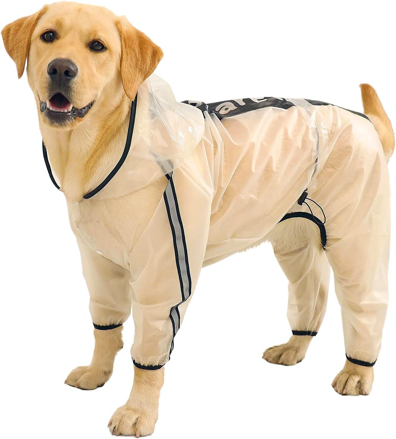 Olsa Dog Raincoat - Transparent Hooded Slicker Poncho with 4 Legs and Reflective Stripe for Small to Large Dogs