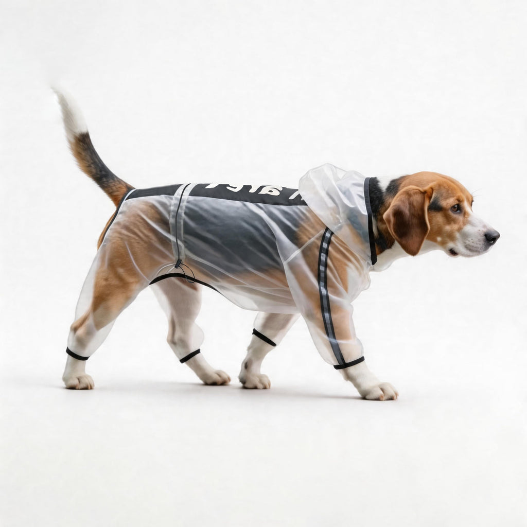 Olsa Dog Raincoat - Transparent Hooded Slicker Poncho with 4 Legs and Reflective Stripe for Small to Large Dogs