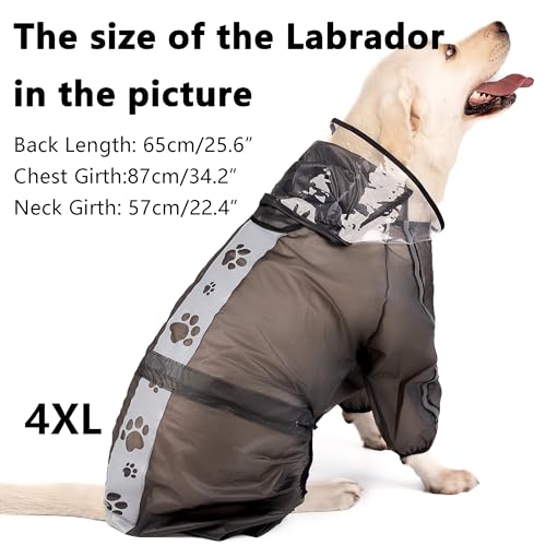Olsa Dog Raincoat 3XL - Transparent Black Hooded Poncho with Reflective Strips, 4 Legs, Waterproof TPU