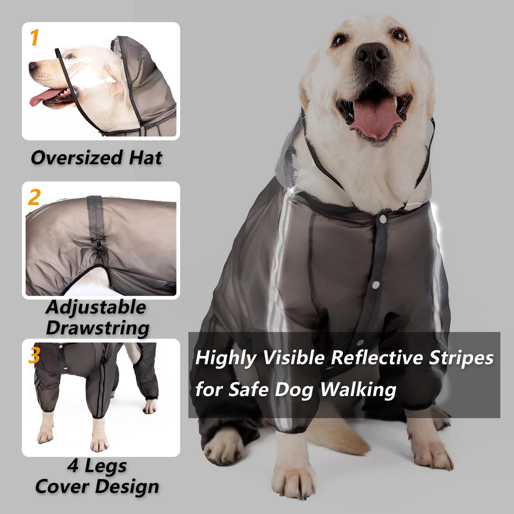 Olsa Dog Raincoat 3XL - Transparent Black Hooded Poncho with Reflective Strips, 4 Legs, Waterproof TPU