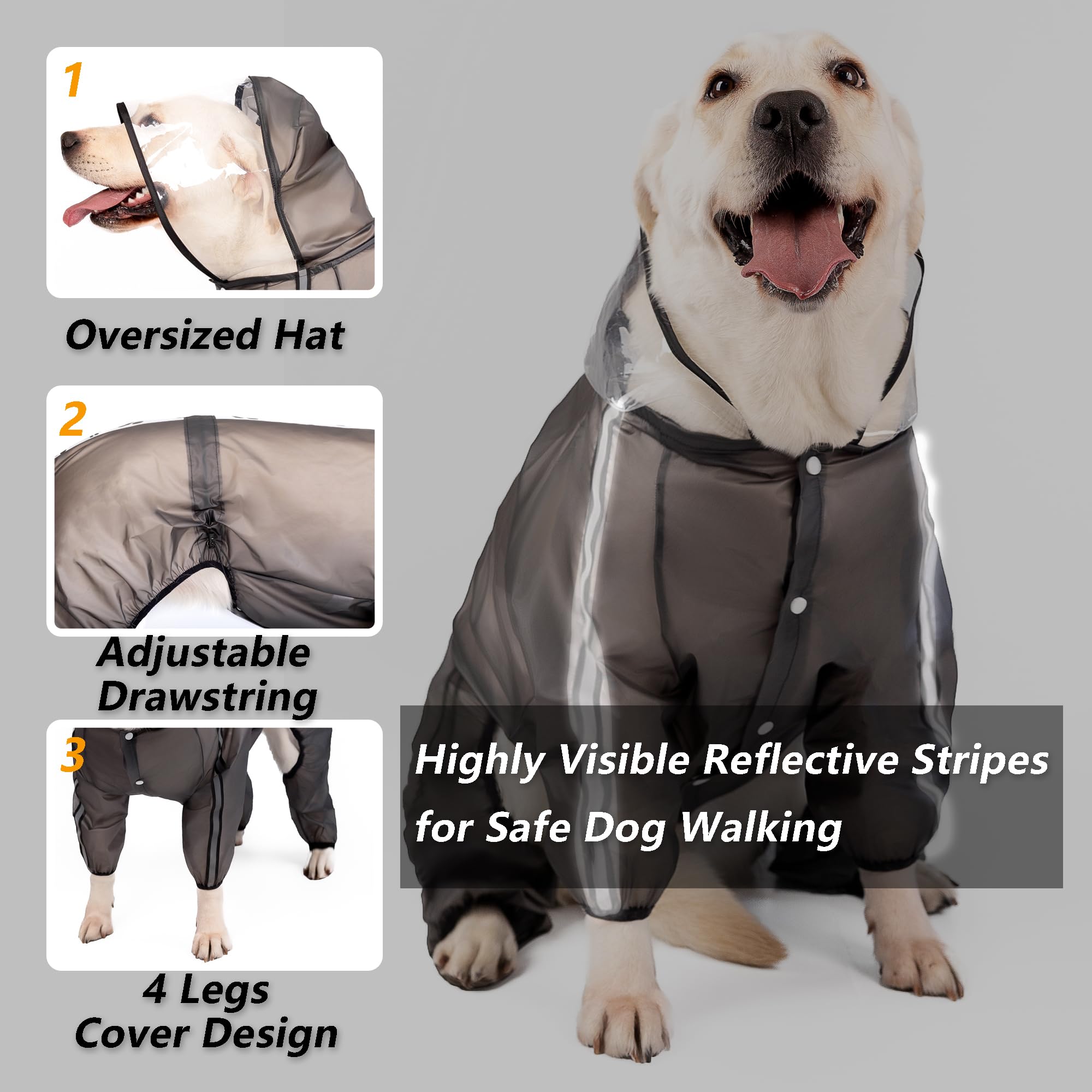 Olsa Dog Raincoat 3XL - Transparent Black Hooded Poncho with Reflective Strips, 4 Legs, Waterproof TPU