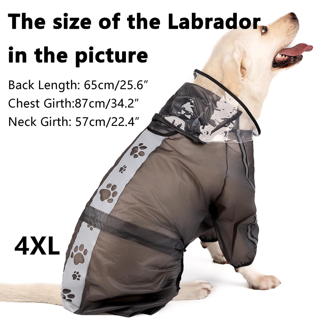 Olsa Dog Raincoat 3XL - Transparent Black Hooded Poncho with Reflective Strips, 4 Legs, Waterproof TPU