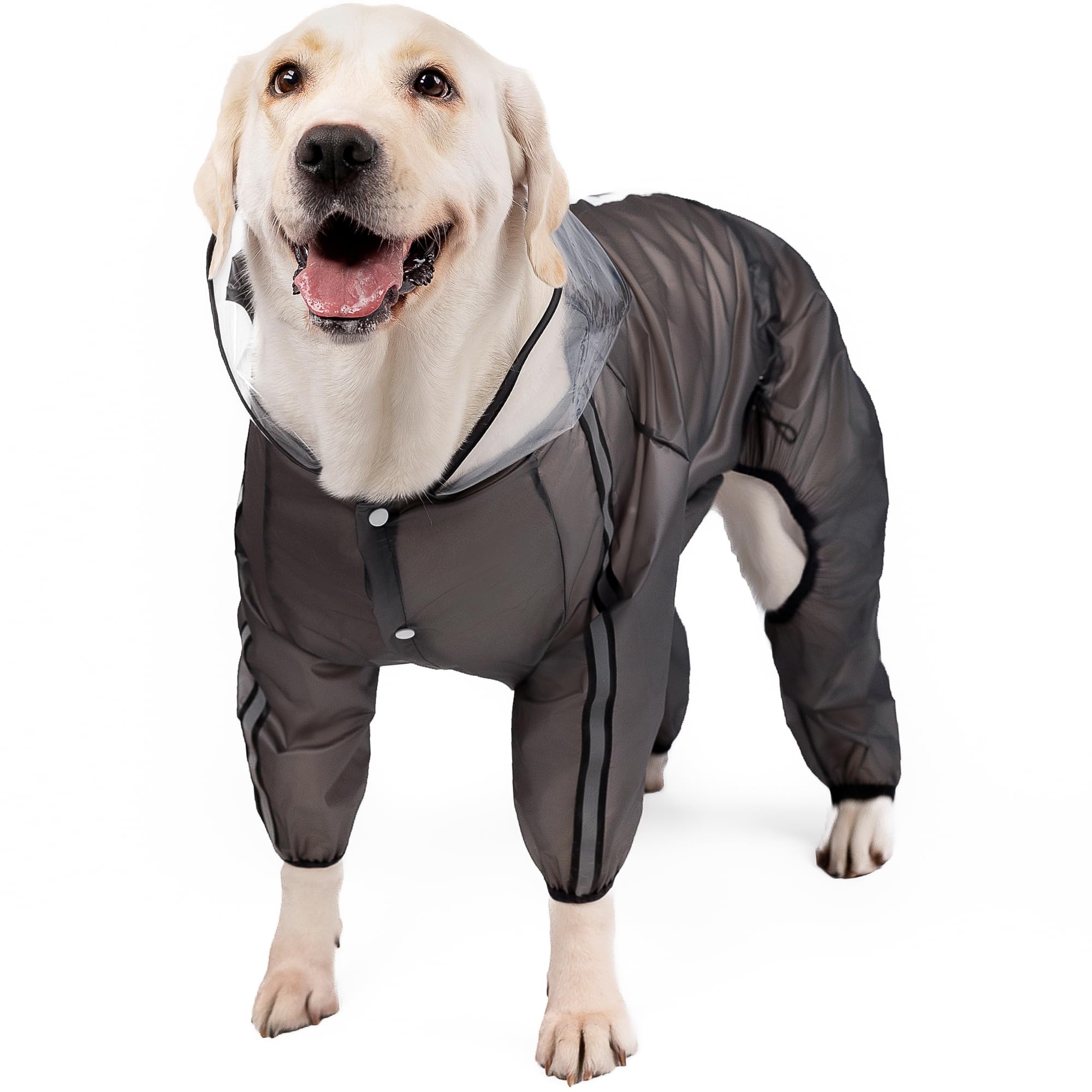 Olsa Dog Raincoat 3XL - Transparent Black Hooded Poncho with Reflective Strips, 4 Legs, Waterproof TPU