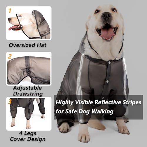 Olsa Dog Raincoat 3XL - Transparent Black Hooded Poncho with Reflective Strips, 4 Legs, Waterproof TPU