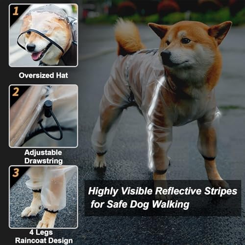 Olsa Dog Raincoat – Hooded 4-Leg Poncho with Reflective Stripe, Waterproof for Small & Medium Dogs