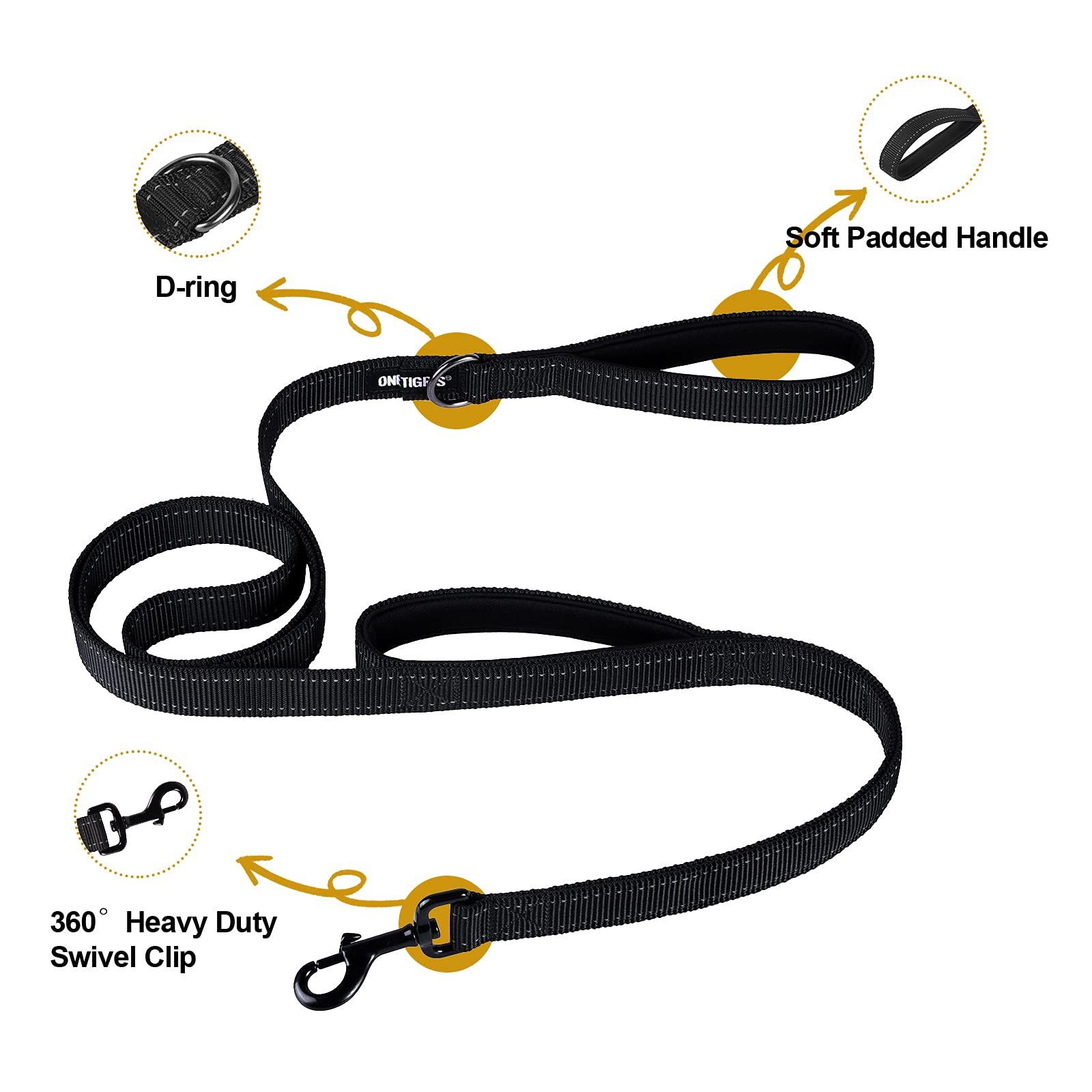 OneTigris 4FT Dog Leash with Dual Padded Handles - Reflective No-Pull Training Leash for Medium to Large Dogs (Black)