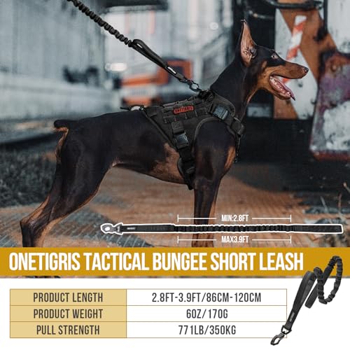 ONETIGRIS Tactical Dog Training Bungee Leash with 2 Handles – Heavy-Duty Nylon (Black)