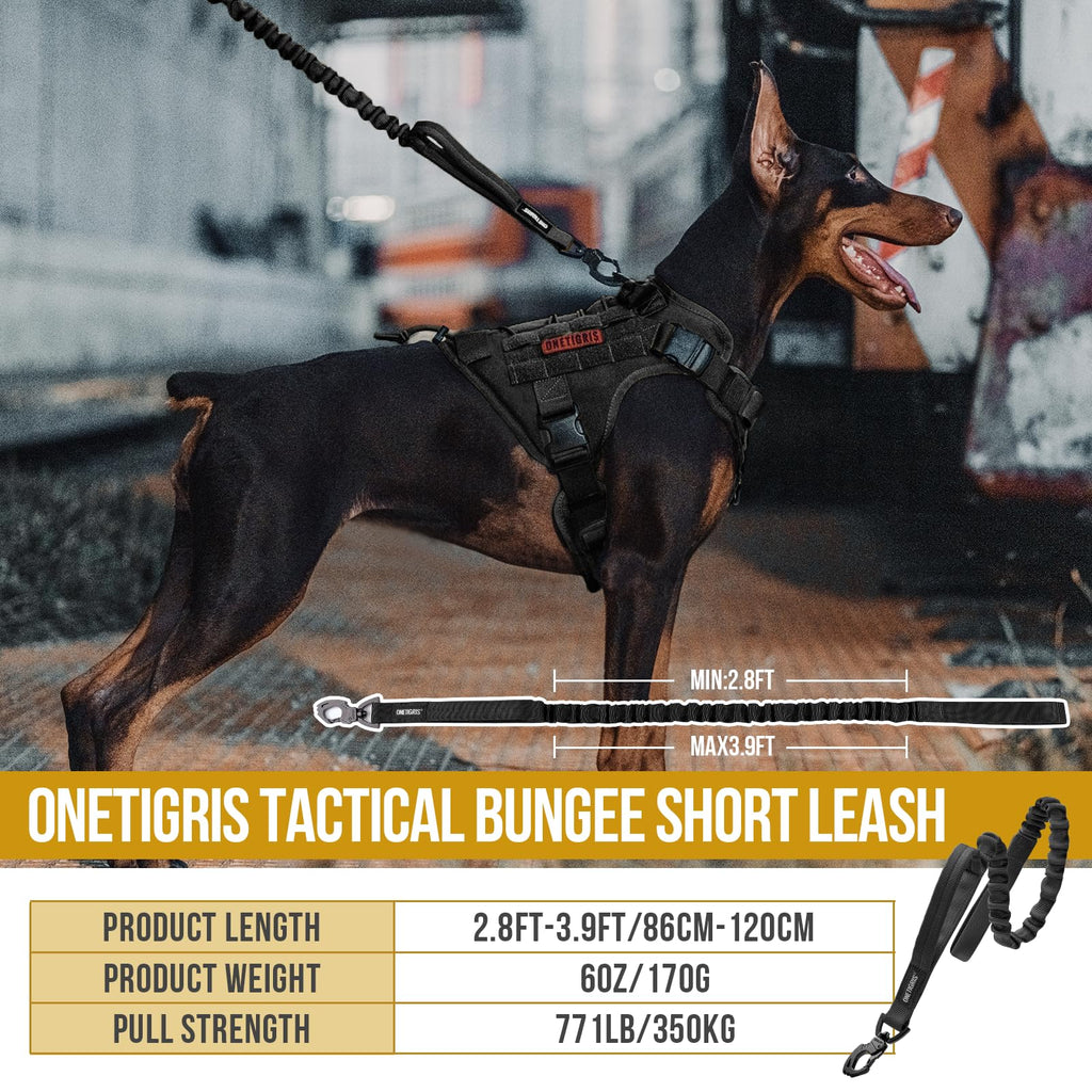 ONETIGRIS Tactical Dog Training Bungee Leash with 2 Handles – Heavy-Duty Nylon (Black)