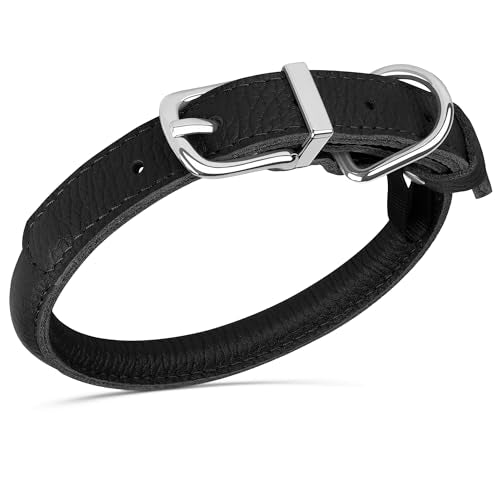 OOPSDOGGY Rolled Leather Dog Collar - Size S (10-13 inch Neck) - Black - Prevents Matting for Long-Haired Dogs
