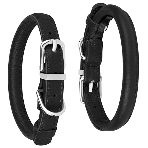 OOPSDOGGY Rolled Leather Dog Collar - Size S (10-13 inch Neck) - Black - Prevents Matting for Long-Haired Dogs