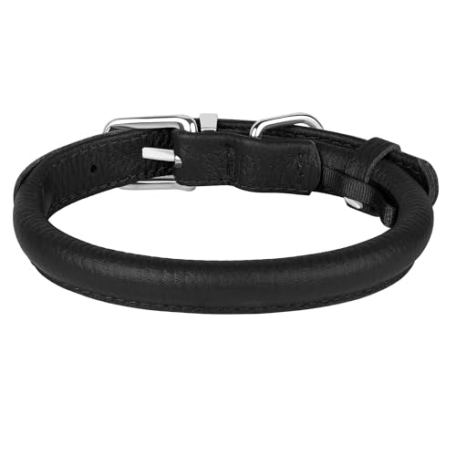 OOPSDOGGY Rolled Leather Dog Collar - Size S (10-13 inch Neck) - Black - Prevents Matting for Long-Haired Dogs