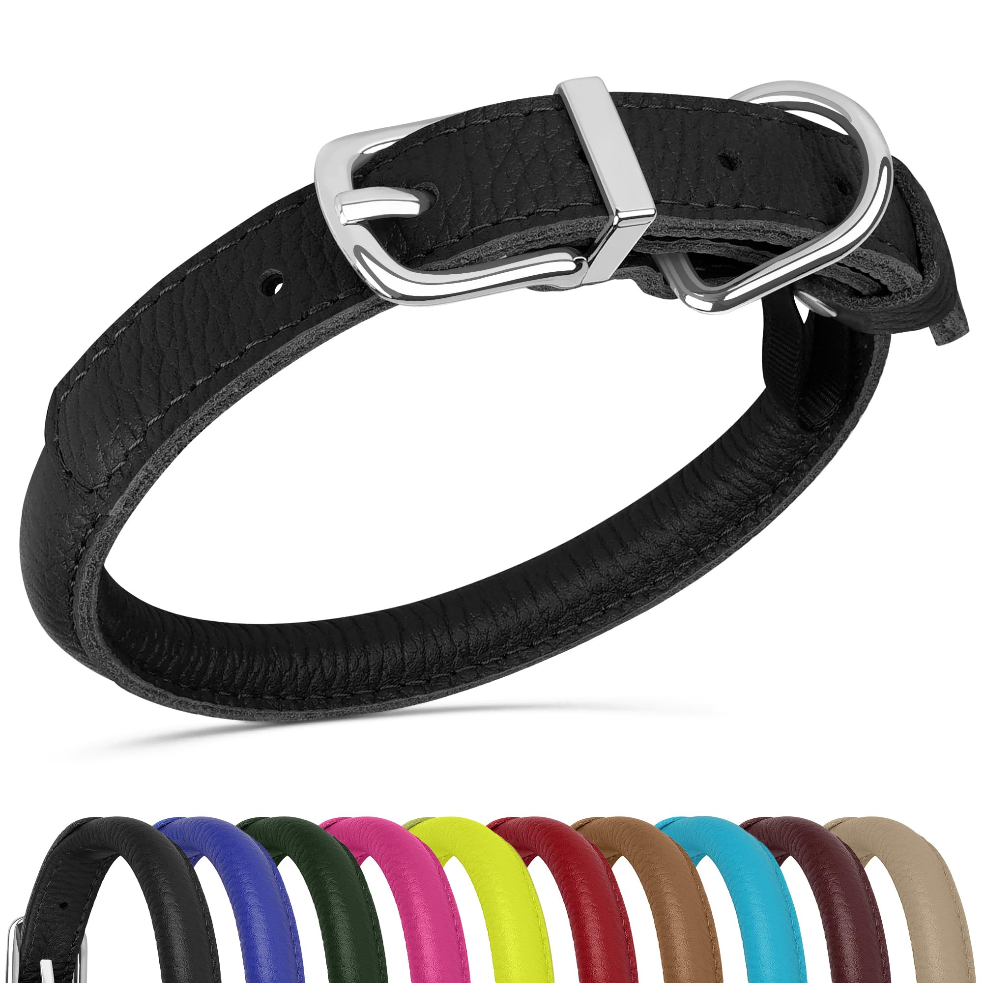 OOPSDOGGY Rolled Leather Dog Collar - Size S (10-13 inch Neck) - Black - Prevents Matting for Long-Haired Dogs