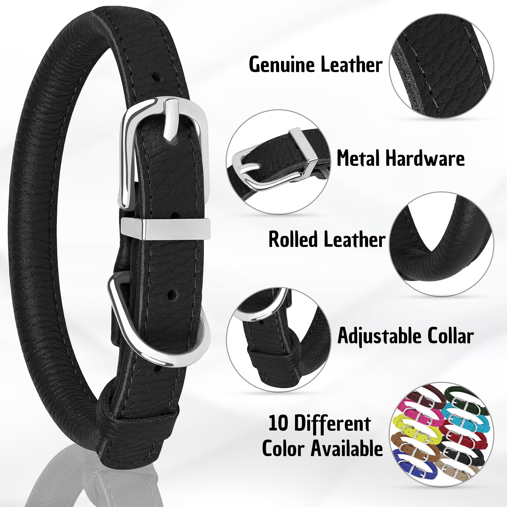 OOPSDOGGY Rolled Leather Dog Collar - Size S (10-13 inch Neck) - Black - Prevents Matting for Long-Haired Dogs