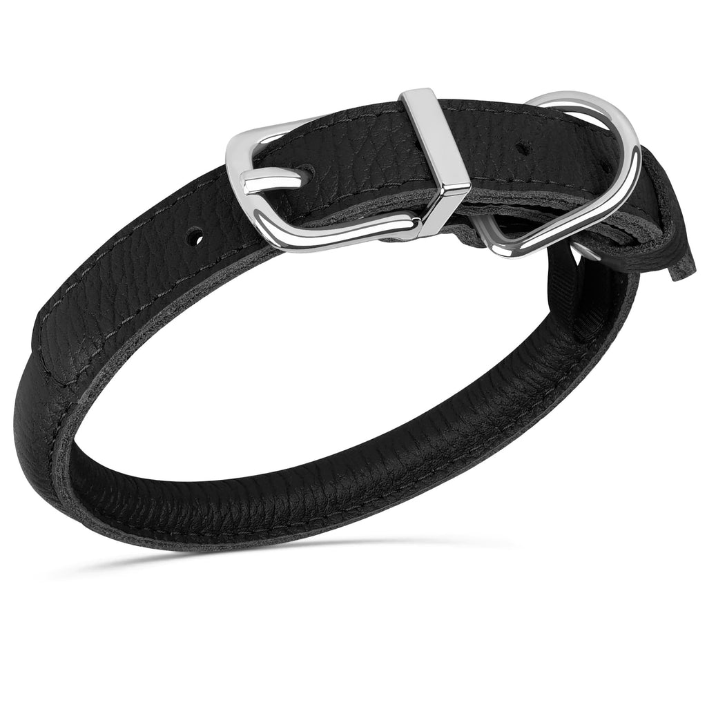 OOPSDOGGY Rolled Leather Dog Collar - Size S (10-13 inch Neck) - Black - Prevents Matting for Long-Haired Dogs
