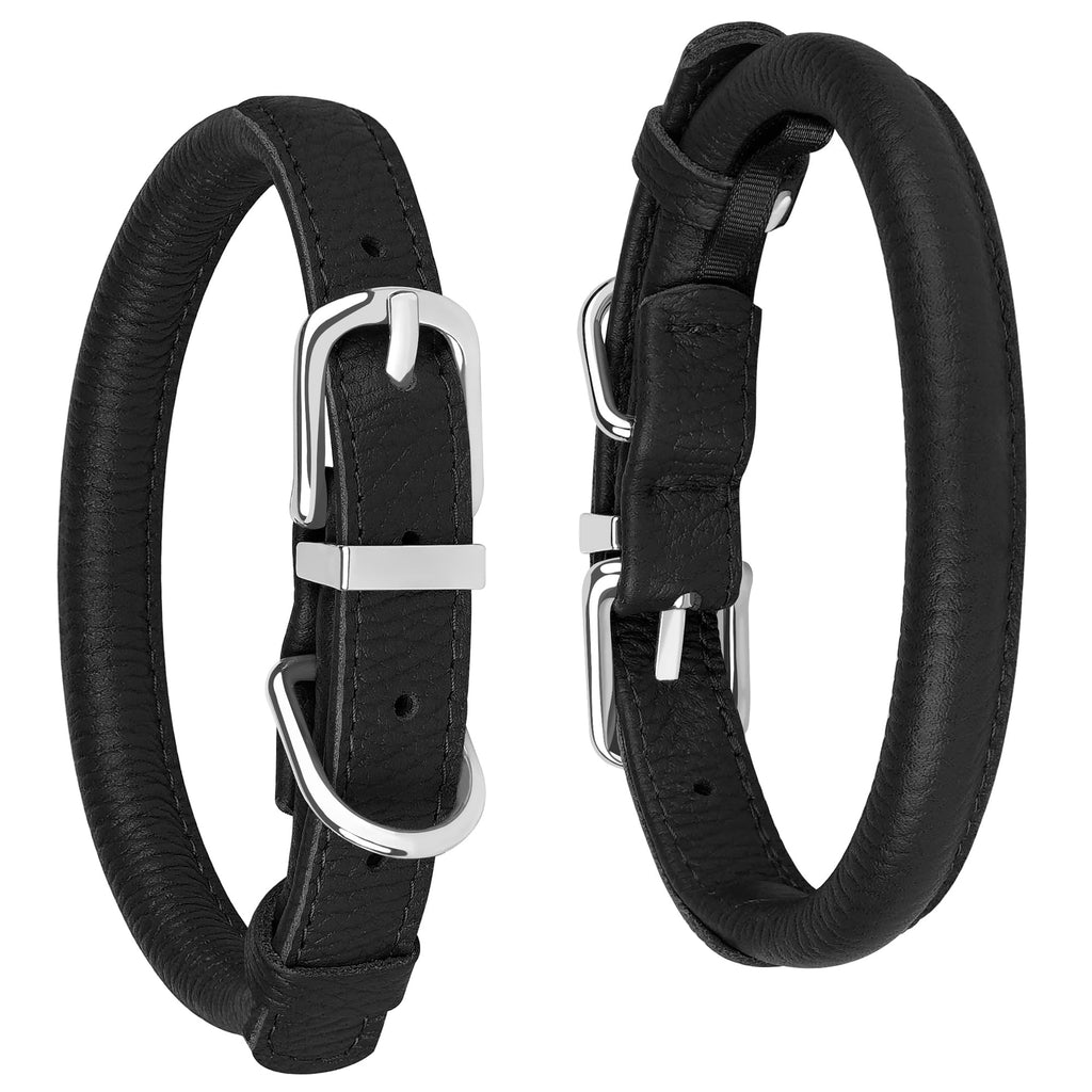 OOPSDOGGY Rolled Leather Dog Collar - Size S (10-13 inch Neck) - Black - Prevents Matting for Long-Haired Dogs