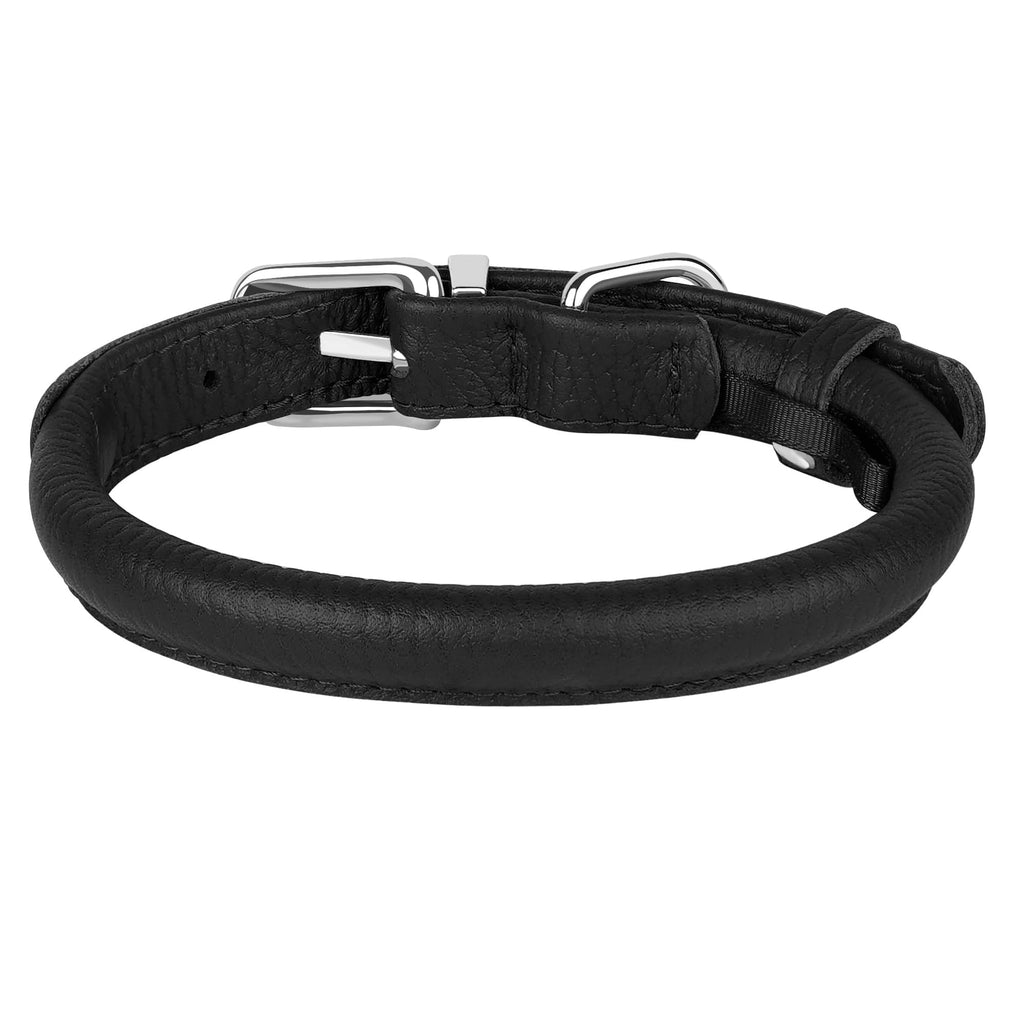 OOPSDOGGY Rolled Leather Dog Collar - Size S (10-13 inch Neck) - Black - Prevents Matting for Long-Haired Dogs