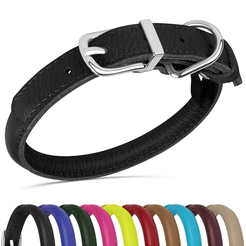 OOPSDOGGY Rolled Leather Dog Collar - Size S (10-13 inch Neck) - Black - Prevents Matting for Long-Haired Dogs