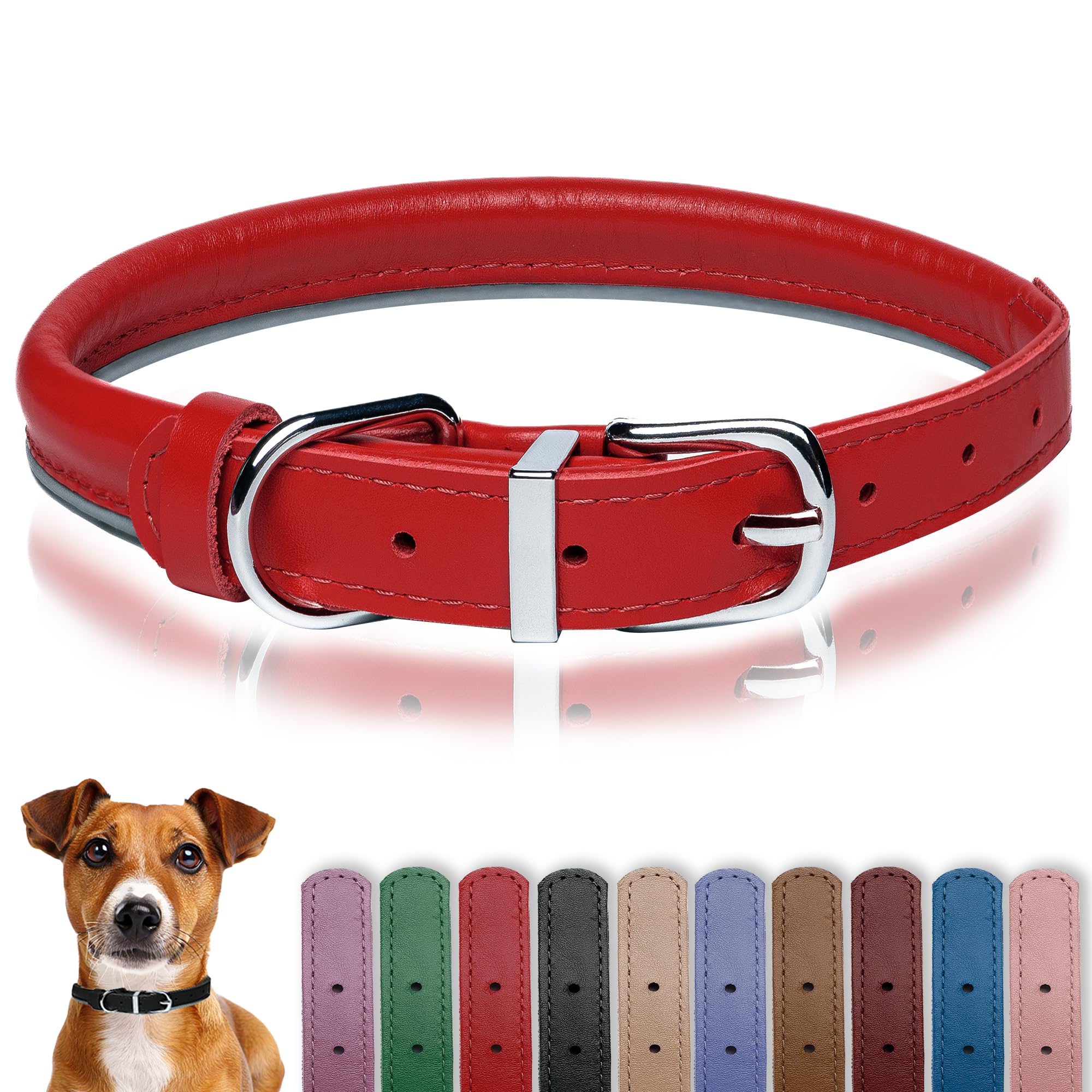 OOPSDOGGY Rolled Leather Dog Collar – Red, Size S (10–13 inch) for Small Dogs, Reflective