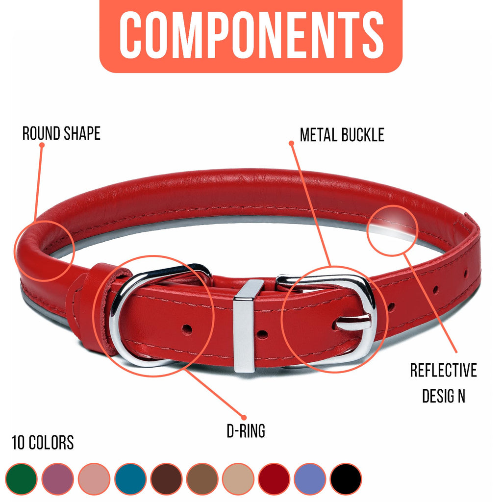OOPSDOGGY Rolled Leather Dog Collar – Red, Size S (10–13 inch) for Small Dogs, Reflective