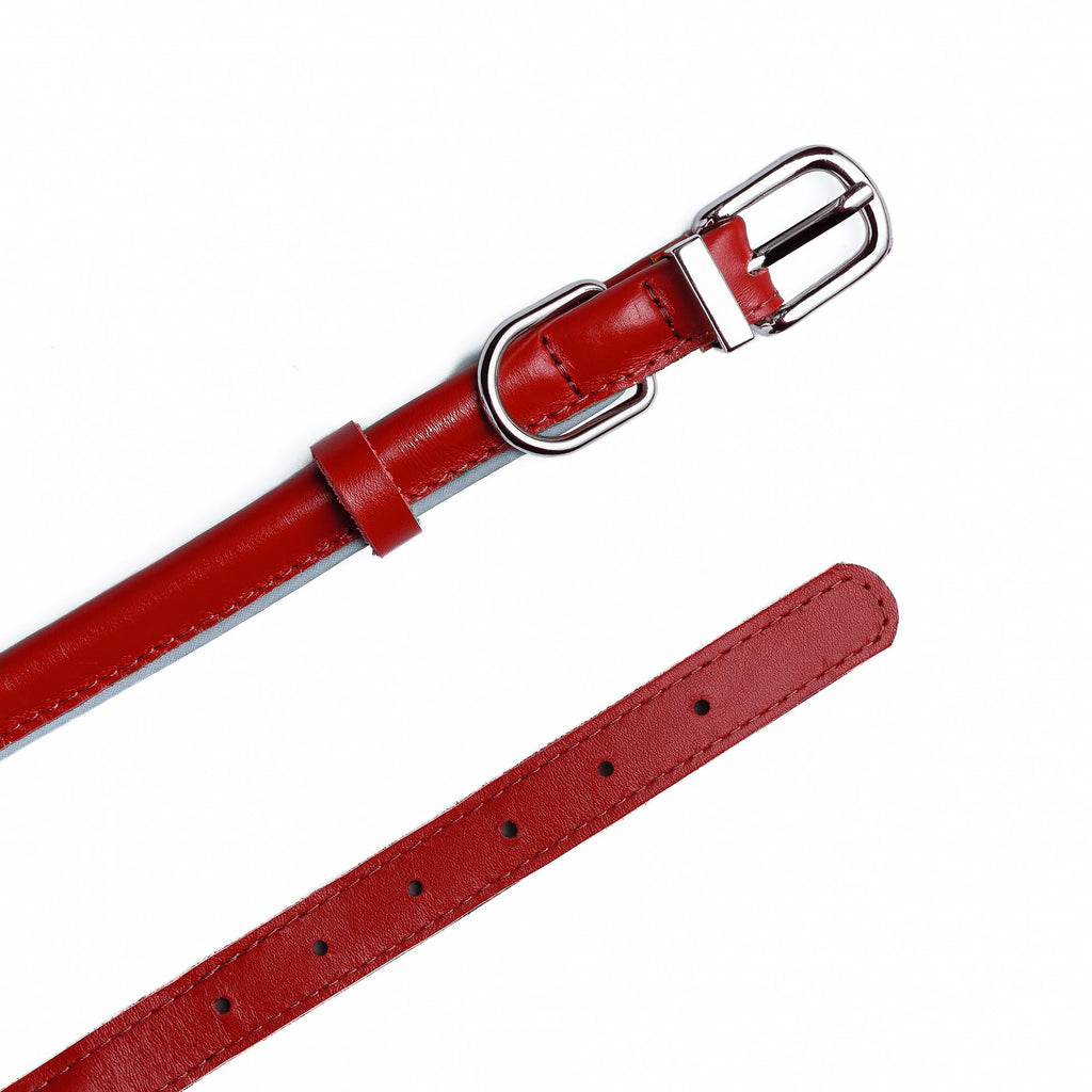 OOPSDOGGY Rolled Leather Dog Collar – Red, Size S (10–13 inch) for Small Dogs, Reflective
