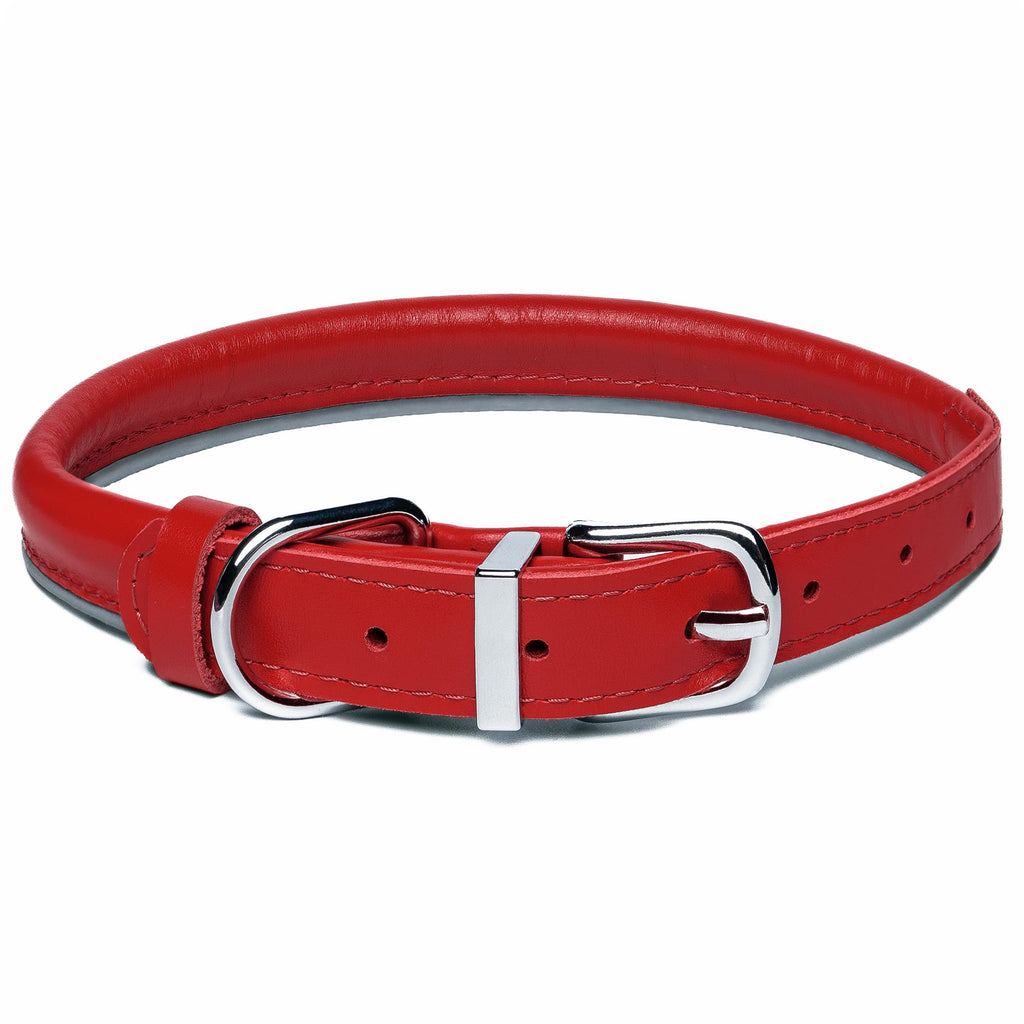 OOPSDOGGY Rolled Leather Dog Collar – Red, Size S (10–13 inch) for Small Dogs, Reflective