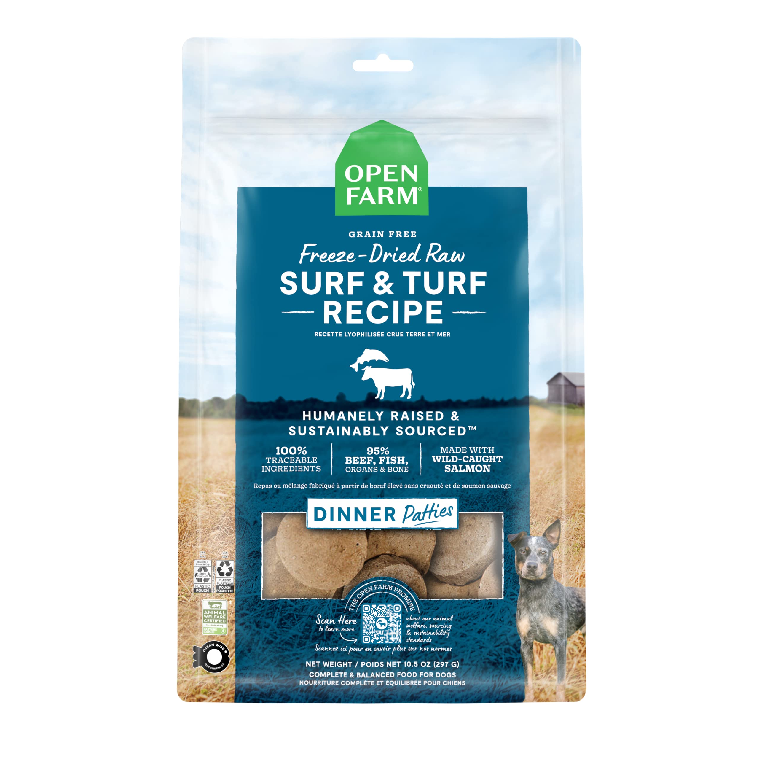 Open Farm Freeze Dried Raw Dog Food Patties, Surf & Turf, 10.5 oz – 95% Meat, Organs & Bone for Complete Meals or Mixer