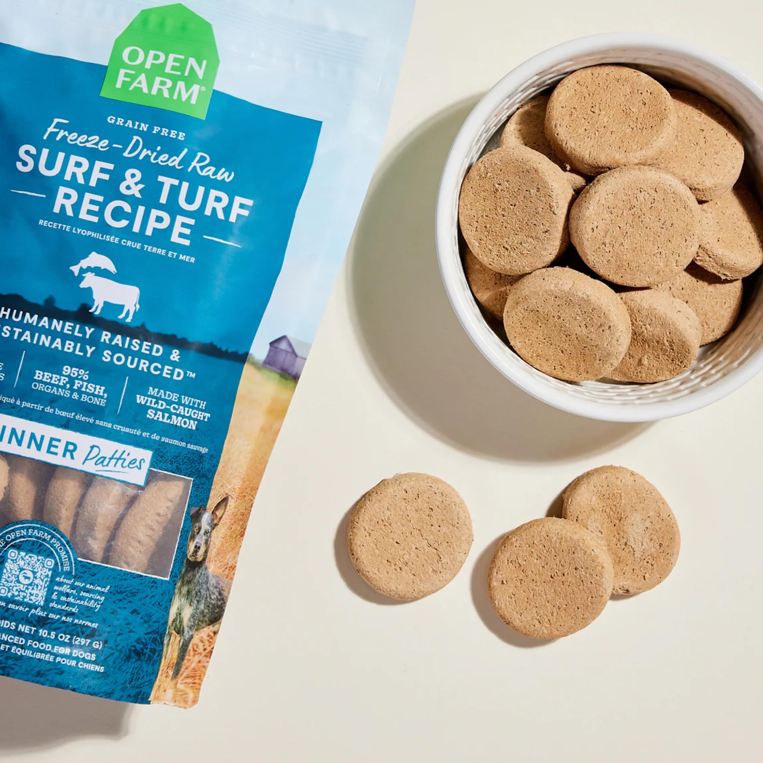 Open Farm Freeze Dried Raw Dog Food Patties, Surf & Turf, 10.5 oz – 95% Meat, Organs & Bone for Complete Meals or Mixer