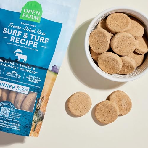 Open Farm Freeze Dried Raw Dog Food Patties, Surf & Turf, 10.5 oz – 95% Meat, Organs & Bone for Complete Meals or Mixer