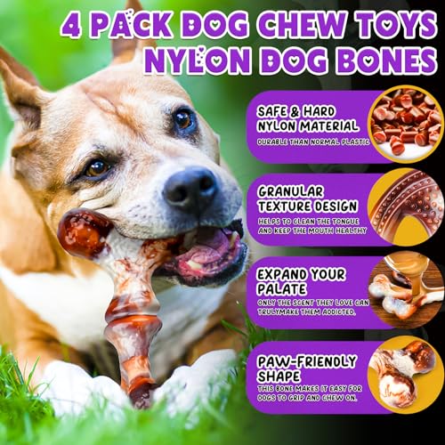 OSORD 4-Pack Dog Chew Toys for Aggressive Chewers - Tough Nylon Bones with Bacon Flavor, Small & Medium Breeds